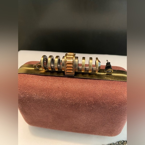 C WONDER Rust Mauve Pink Suede Gold Hard Clutch w Chain - Picture 2 of 8